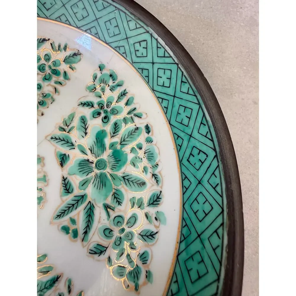 Vintage ACF Pewter Encased Japanese Porcelain Bowl - Green Floral Chinoiserie